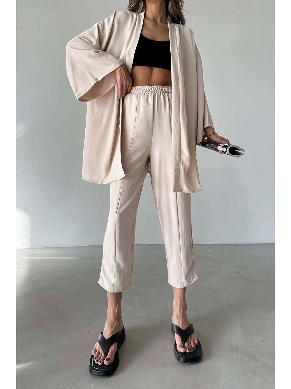 Bej Kadın Taş Kimono Takım 1018-0075