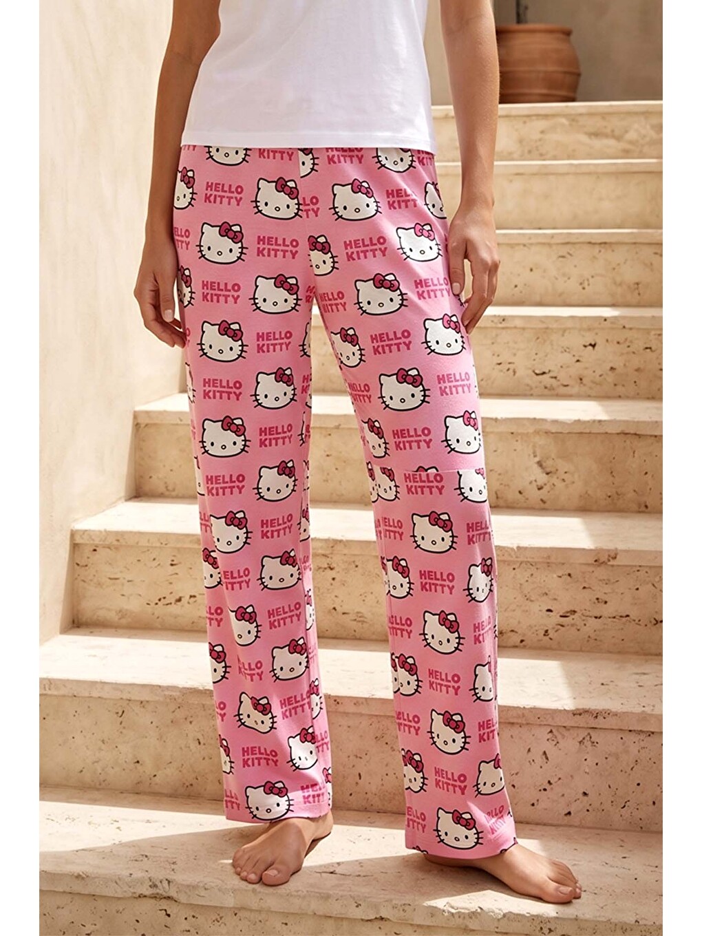 Kadın Viskon Kumaş Desenli Penye Tek Pijama Alt 40 Pembe03-1