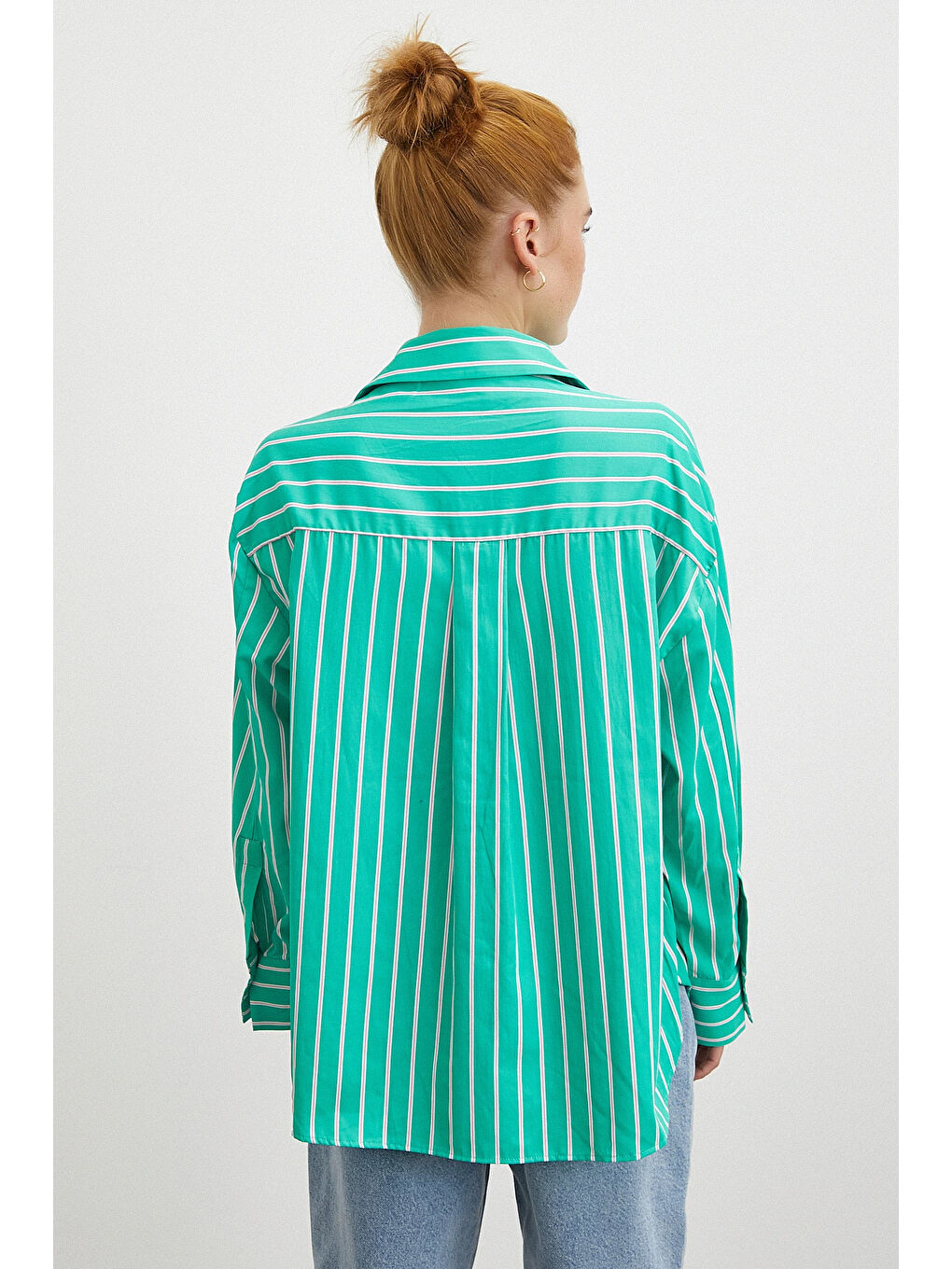 Çizgili Poplin Gömlek Yeşil-3