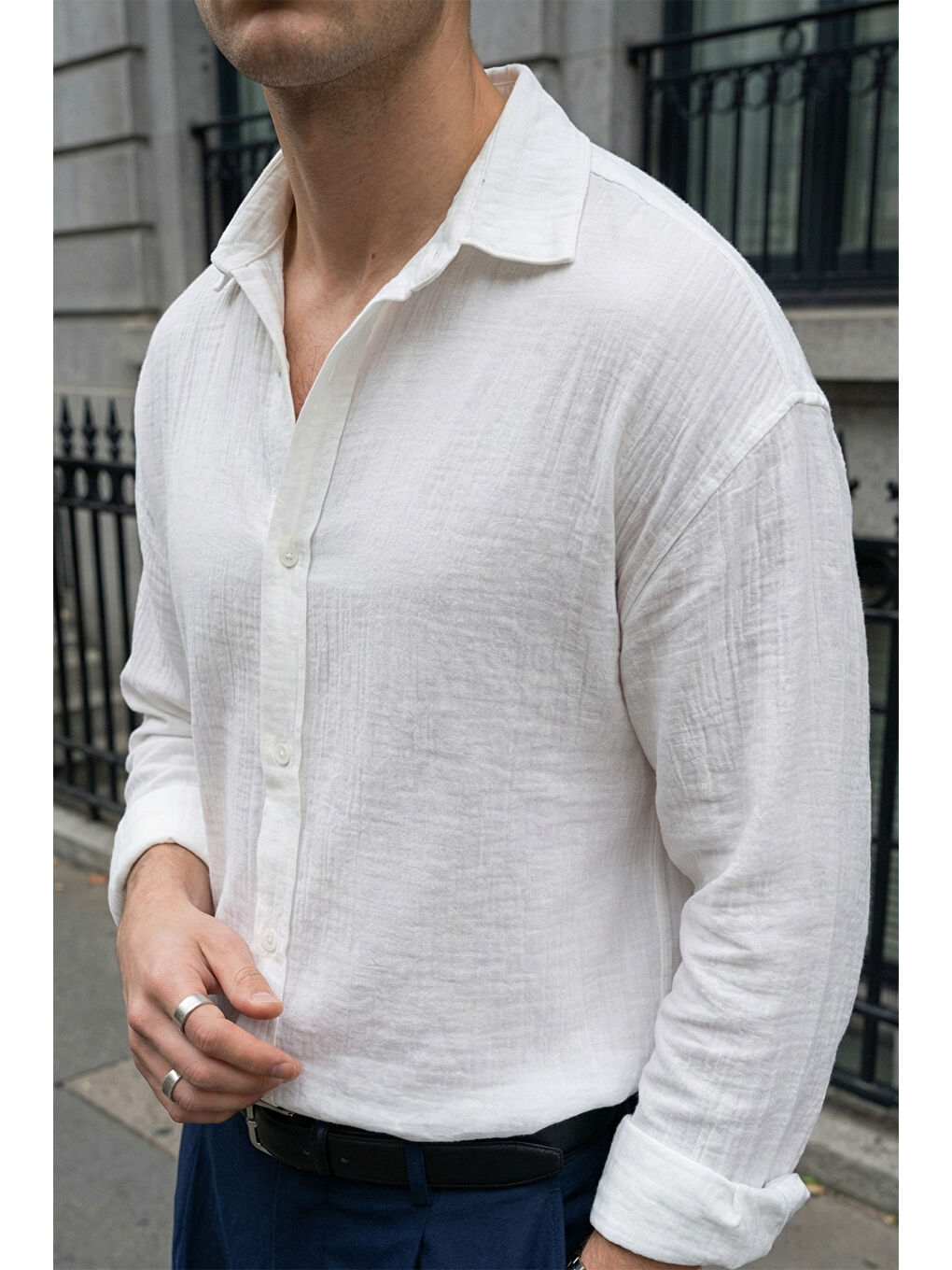 Beyaz Yurin Erkek Premium Müslin %100 Pamuk Oversize Uzun Kollu Gömlek-5