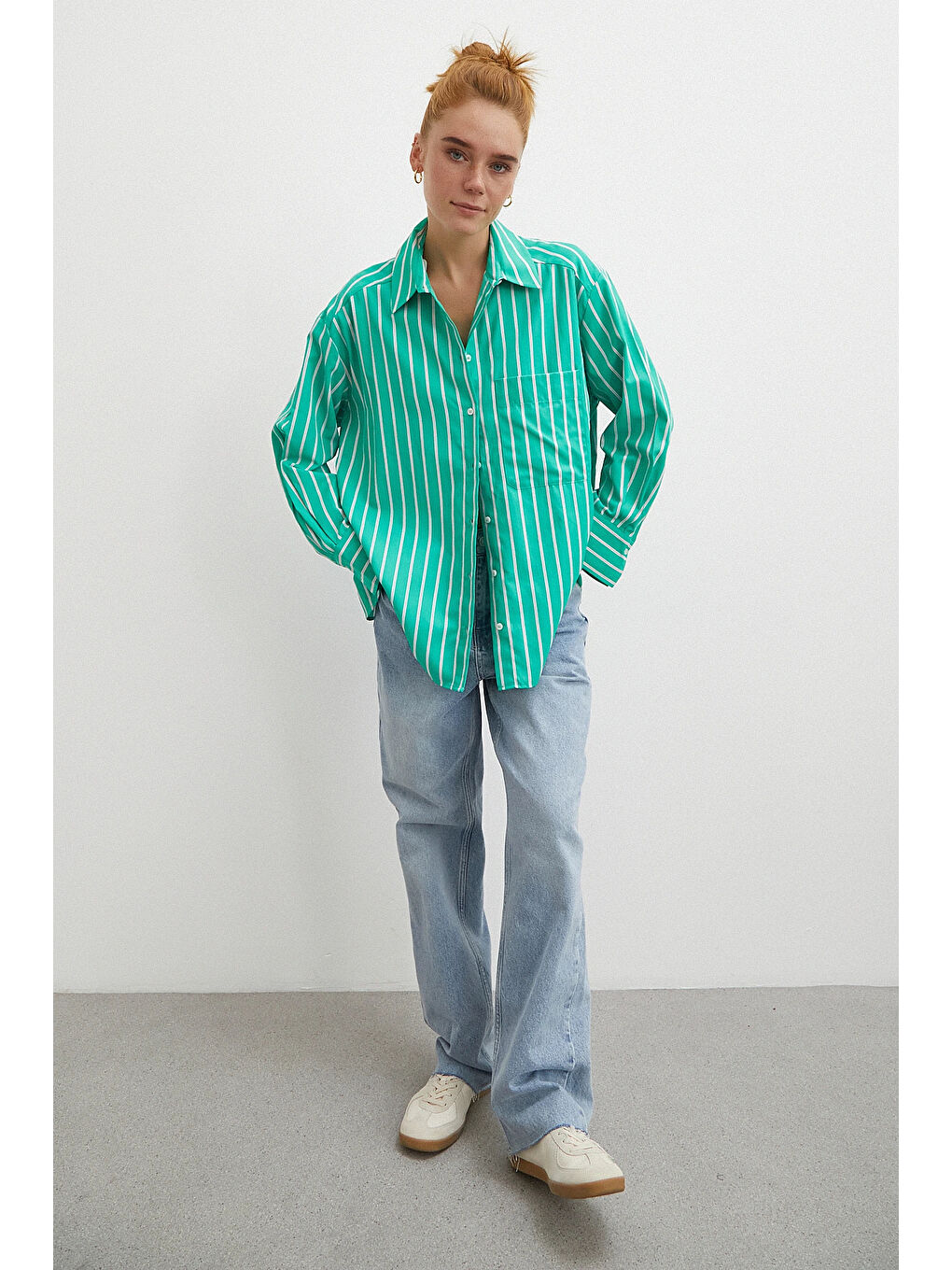 Çizgili Poplin Gömlek Yeşil-4