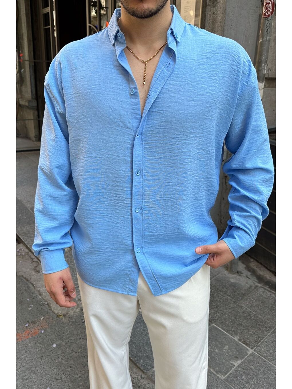 Mavi Napas Erkek Oversize Keten Görünümlü Gömlek