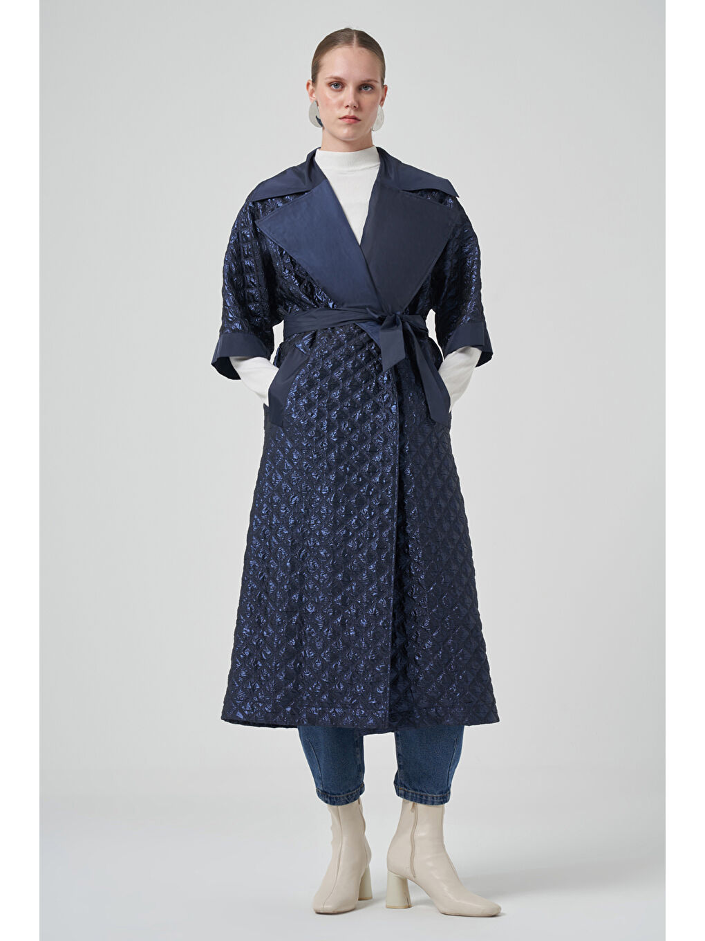 Kemer ve Örme Kol Detay Kap Ceket 6014 Lacivert-2