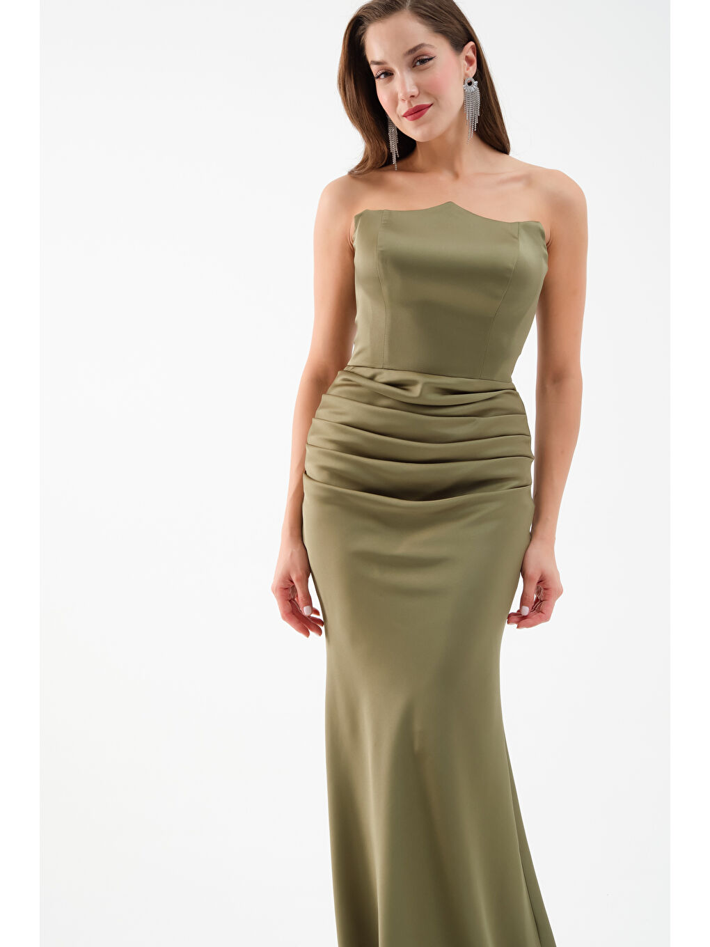 Kadın Haki Straplez Uzun Saten Söz Nişan Abiye Elbise-2