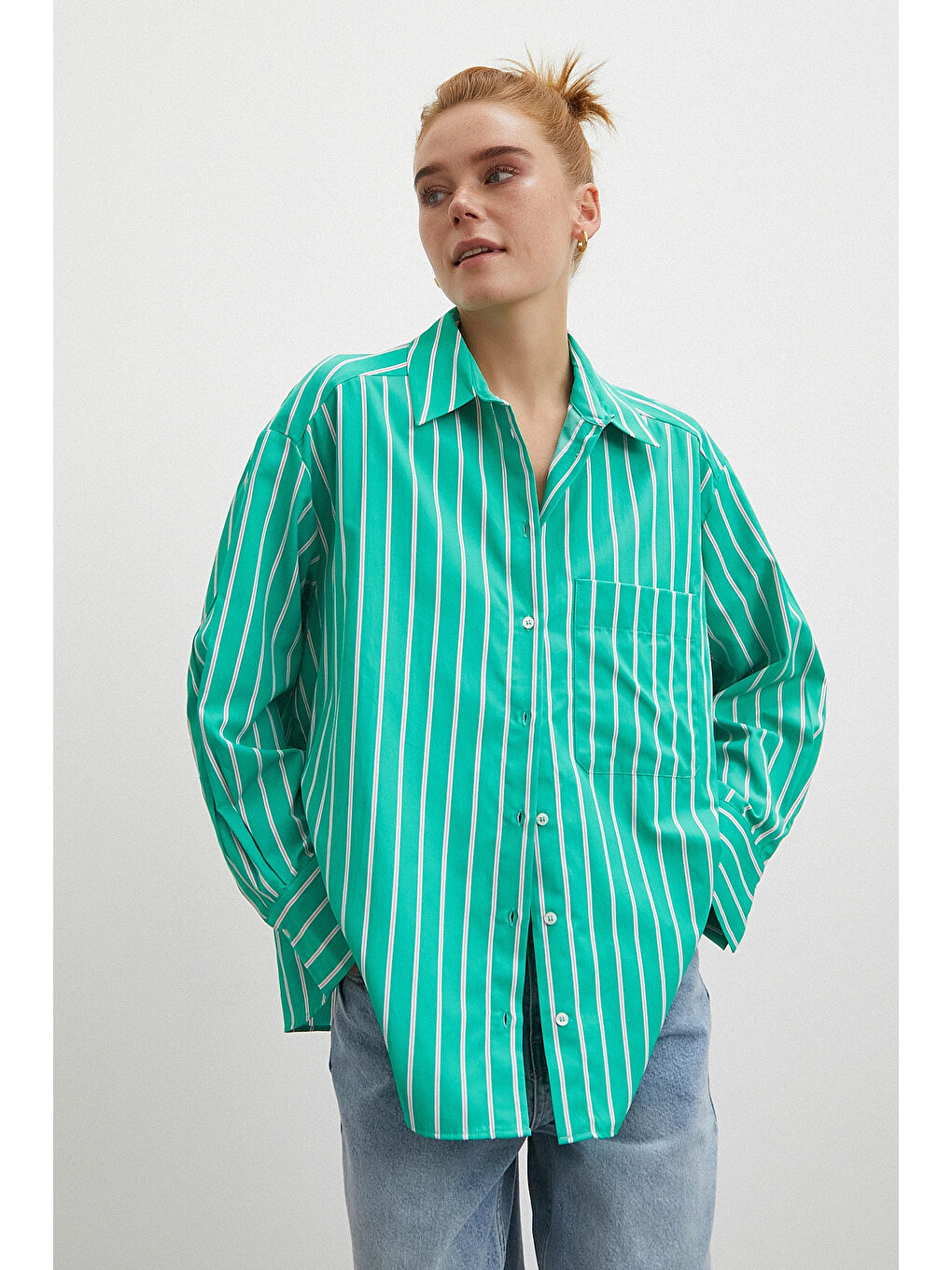 Çizgili Poplin Gömlek Yeşil-5