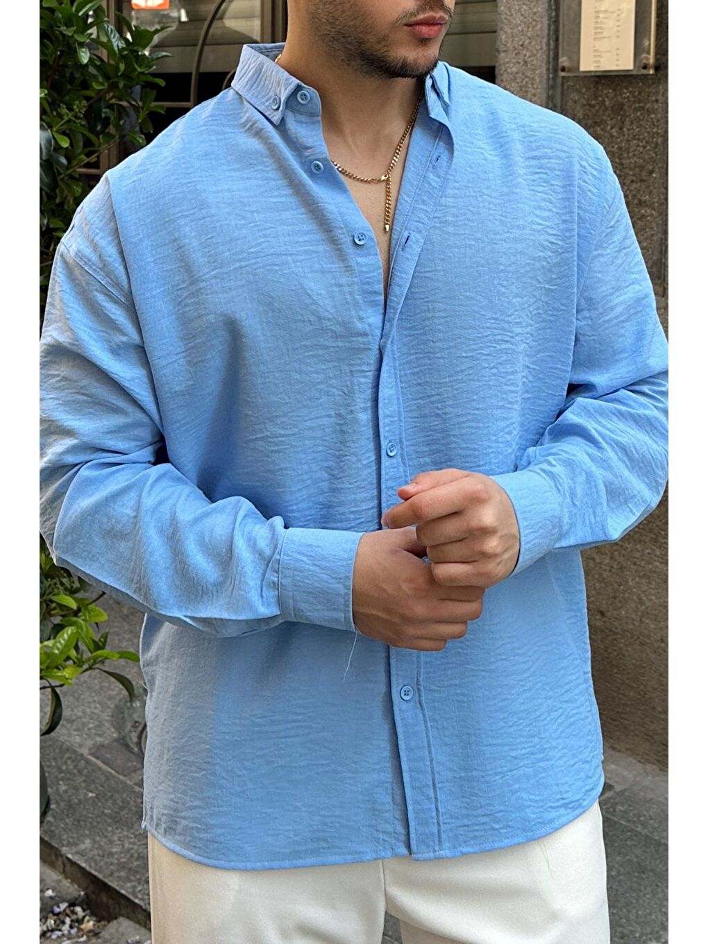 Mavi Napas Erkek Oversize Keten Görünümlü Gömlek-1