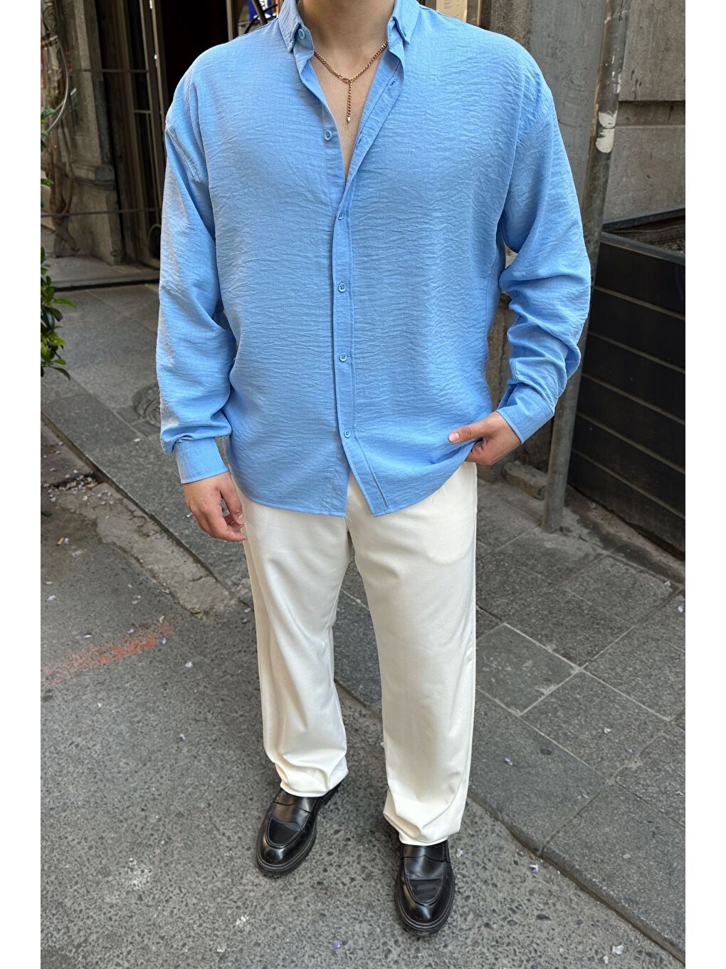Mavi Napas Erkek Oversize Keten Görünümlü Gömlek-2
