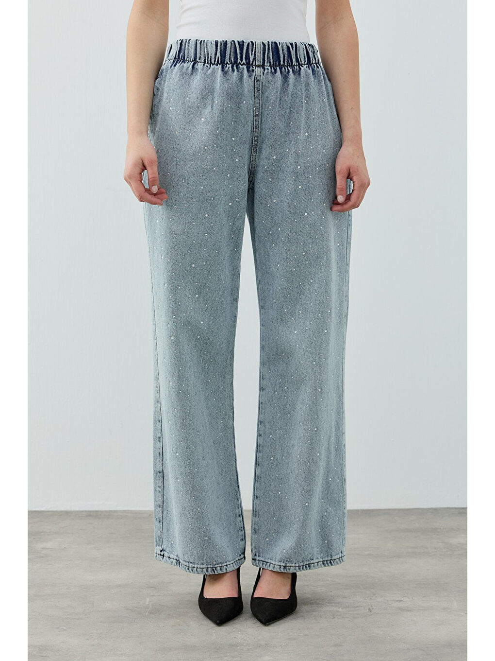 Taşlı Palazzo Denim Pantolon 1693 Koyu Mavi