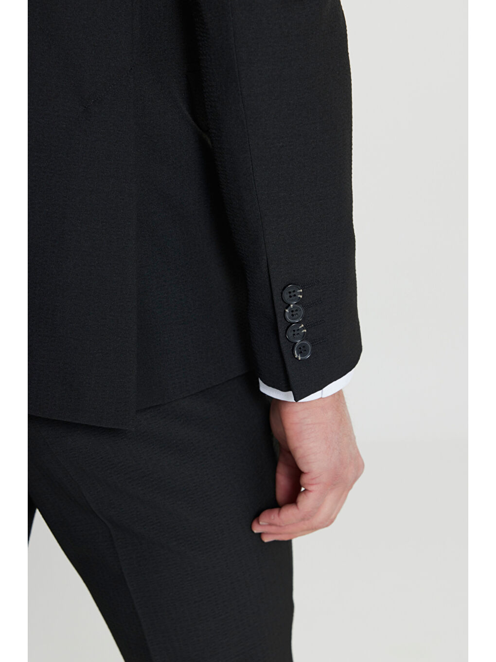 Erkek Siyah Slim Fit Mono Yaka Gofre Desenli Kapak Cepli Esnek Takım Elbise-6