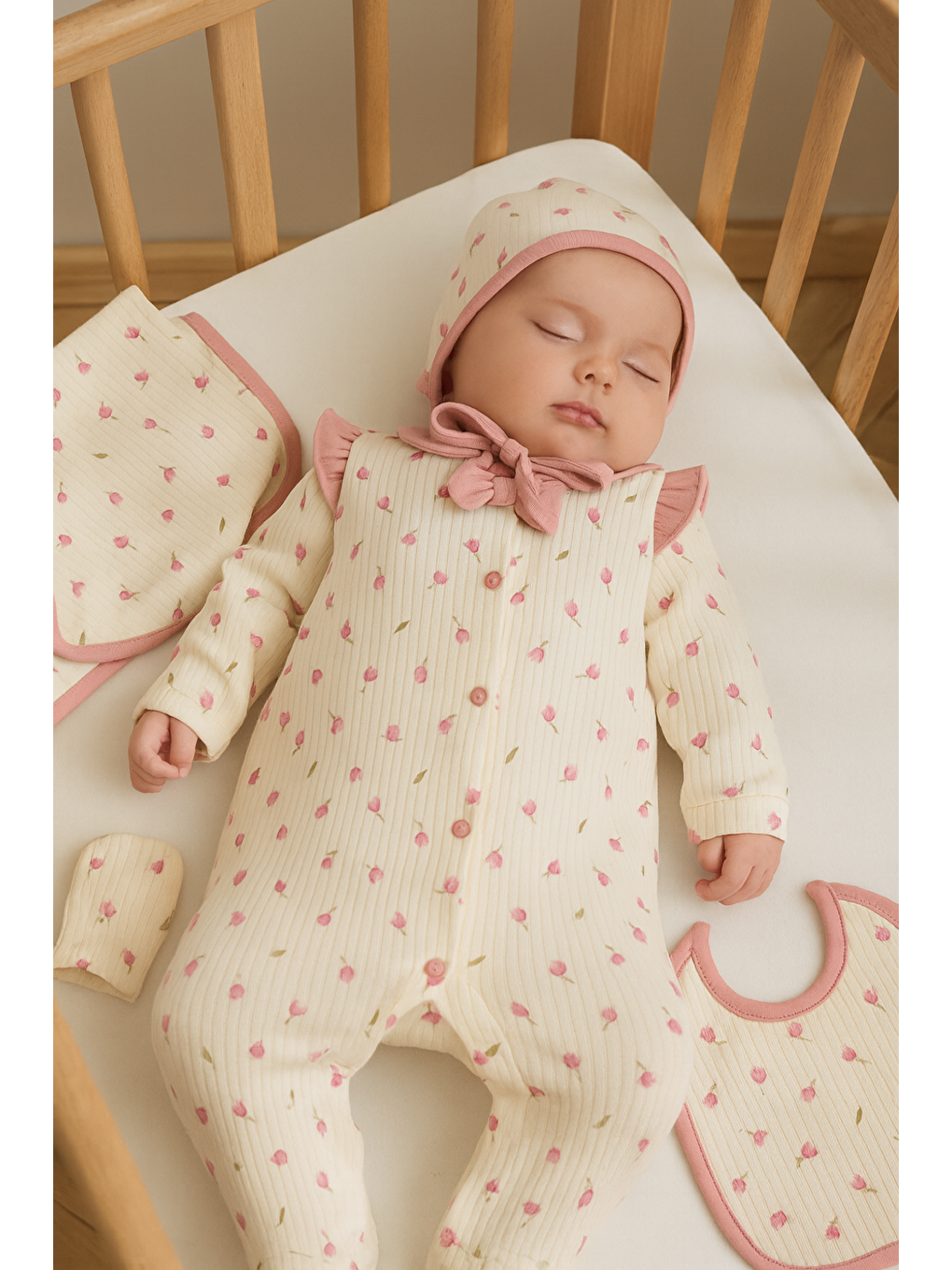 Bej Kız Bebek Battaniyeli 5li Hastane Çıkış Seti Tulum 90*90 Tek kat Battaniye Pamuk Lüx-1