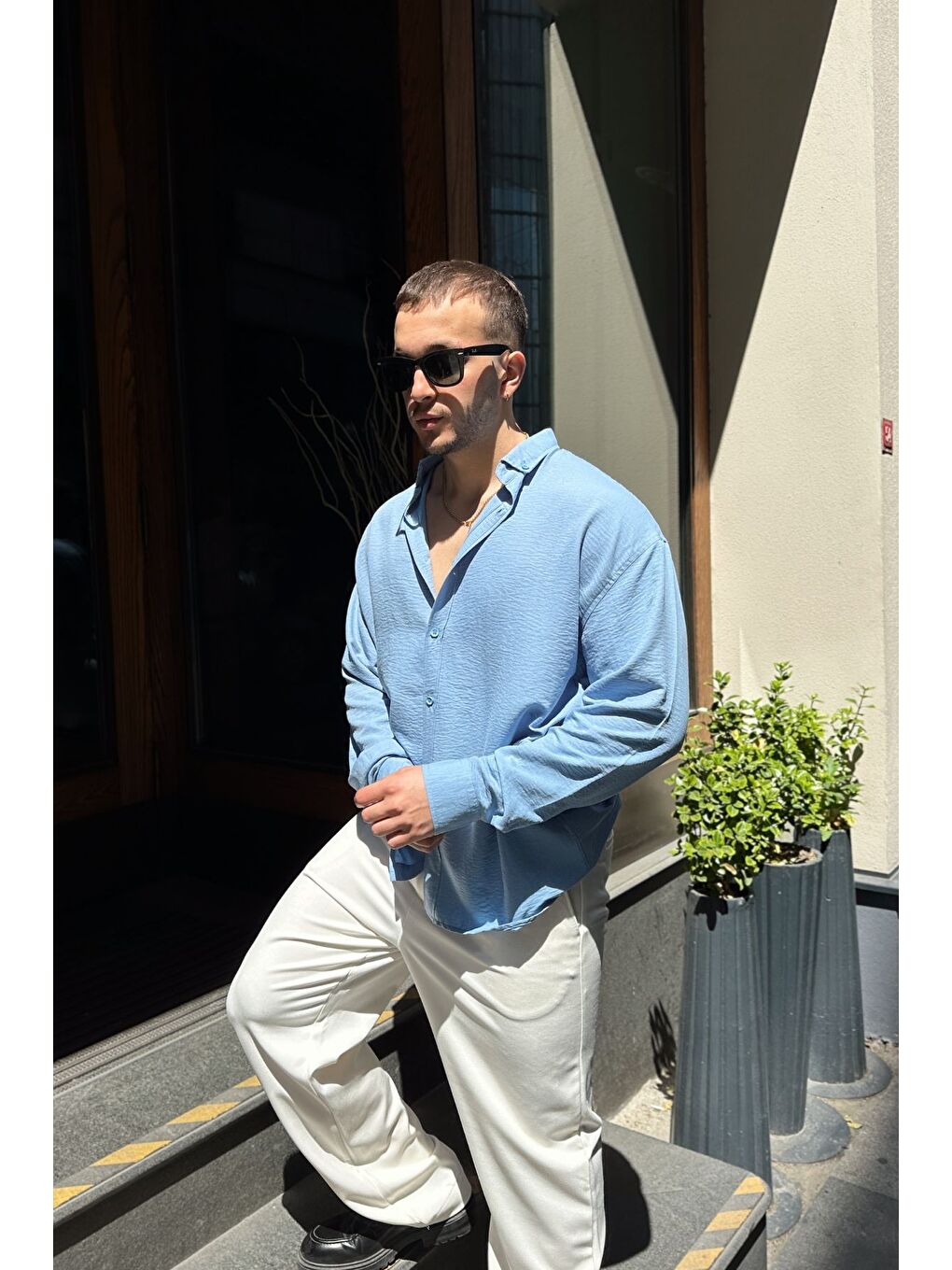 Mavi Napas Erkek Oversize Keten Görünümlü Gömlek-3