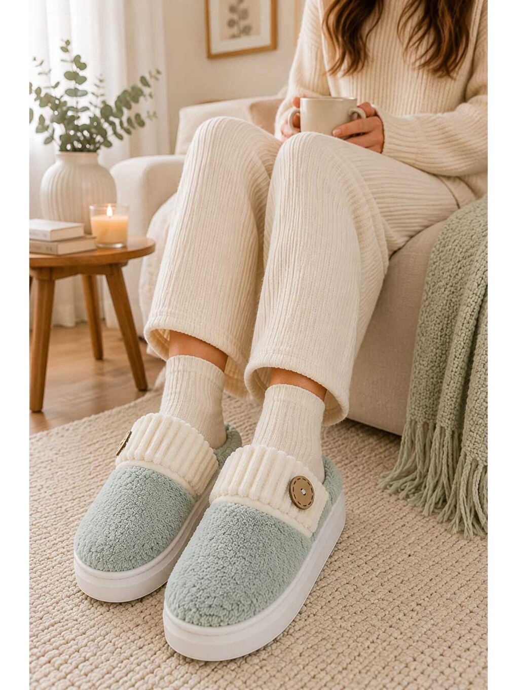 Turkuaz Kadın Düğme Detaylı, Yumuşak, Pelüş Ev Terliği, Yüksek Kalın Tabanlı Sıcak Tutan Panduf-3