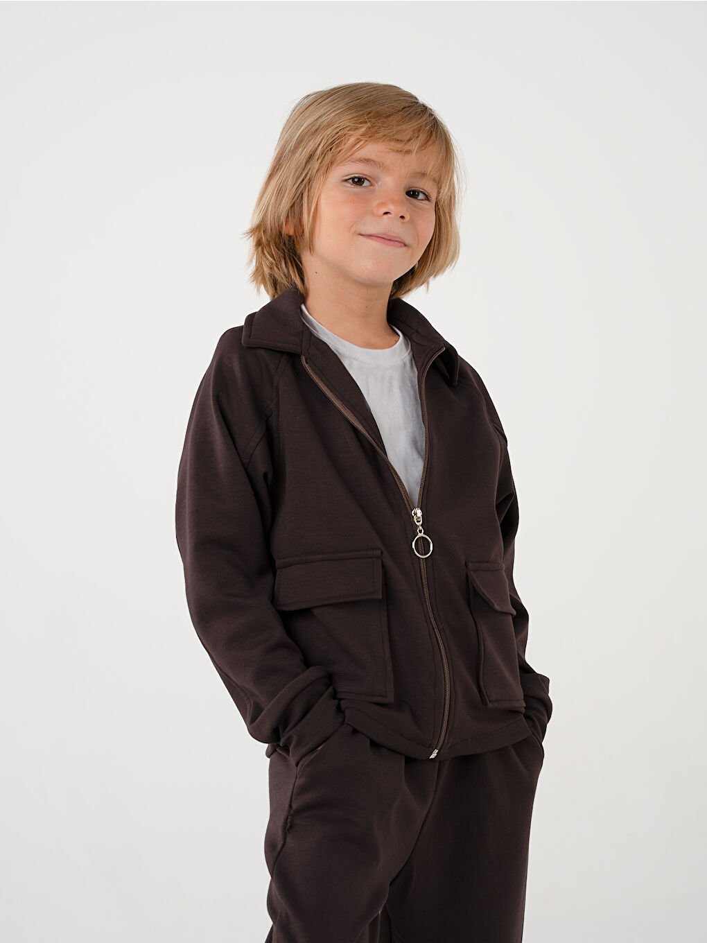 Kahverengi Erkek Çocuk Pocket Kahve Yumuşak Modal Eşofman Takım-4