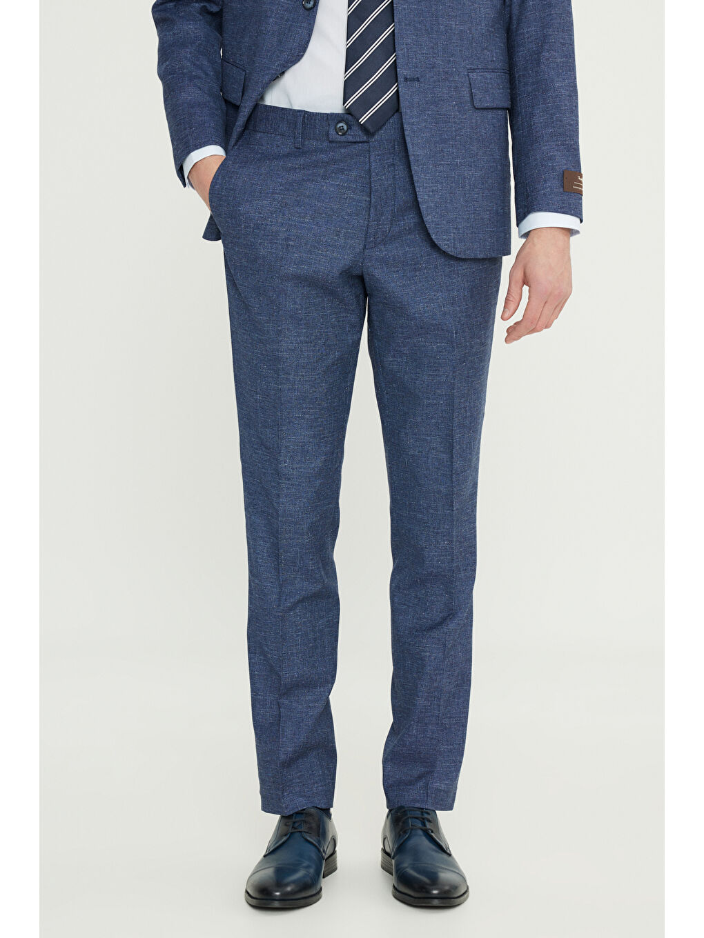 Erkek İndigo Yünlü Slim Fit Mono Yaka Kapak Cepli Takım Elbise-5