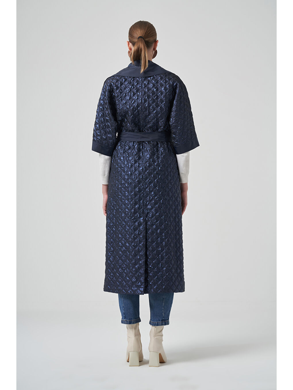 Kemer ve Örme Kol Detay Kap Ceket 6014 Lacivert-3