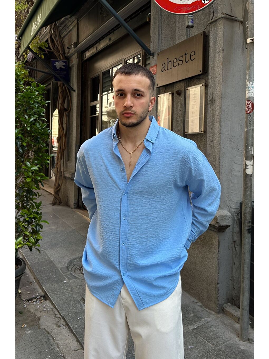 Mavi Napas Erkek Oversize Keten Görünümlü Gömlek-4