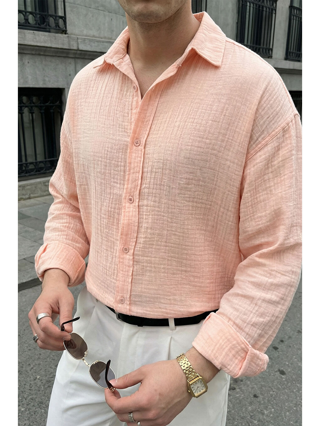 Pembe Yurin Erkek Premium Müslin %100 Pamuk Oversize Uzun Kollu Gömlek-5