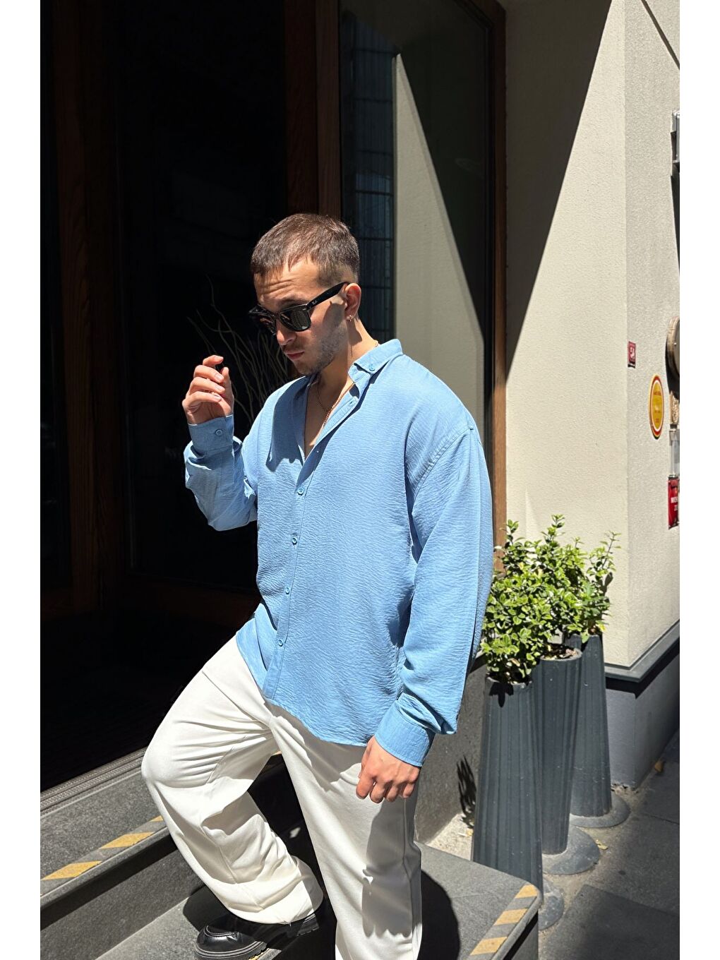 Mavi Napas Erkek Oversize Keten Görünümlü Gömlek-5