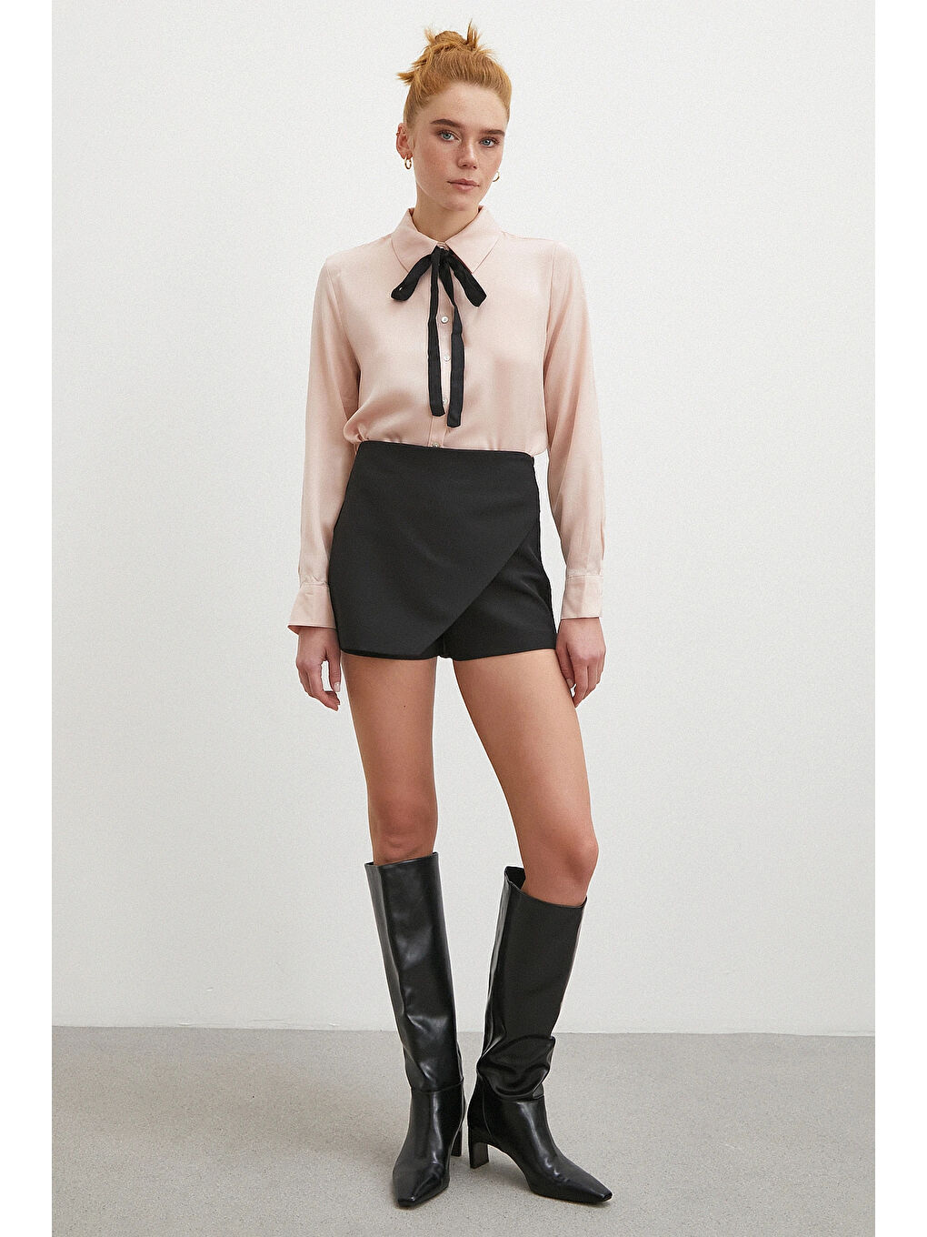 Yaka Bağlamalı Saten Gömlek Pembe-4