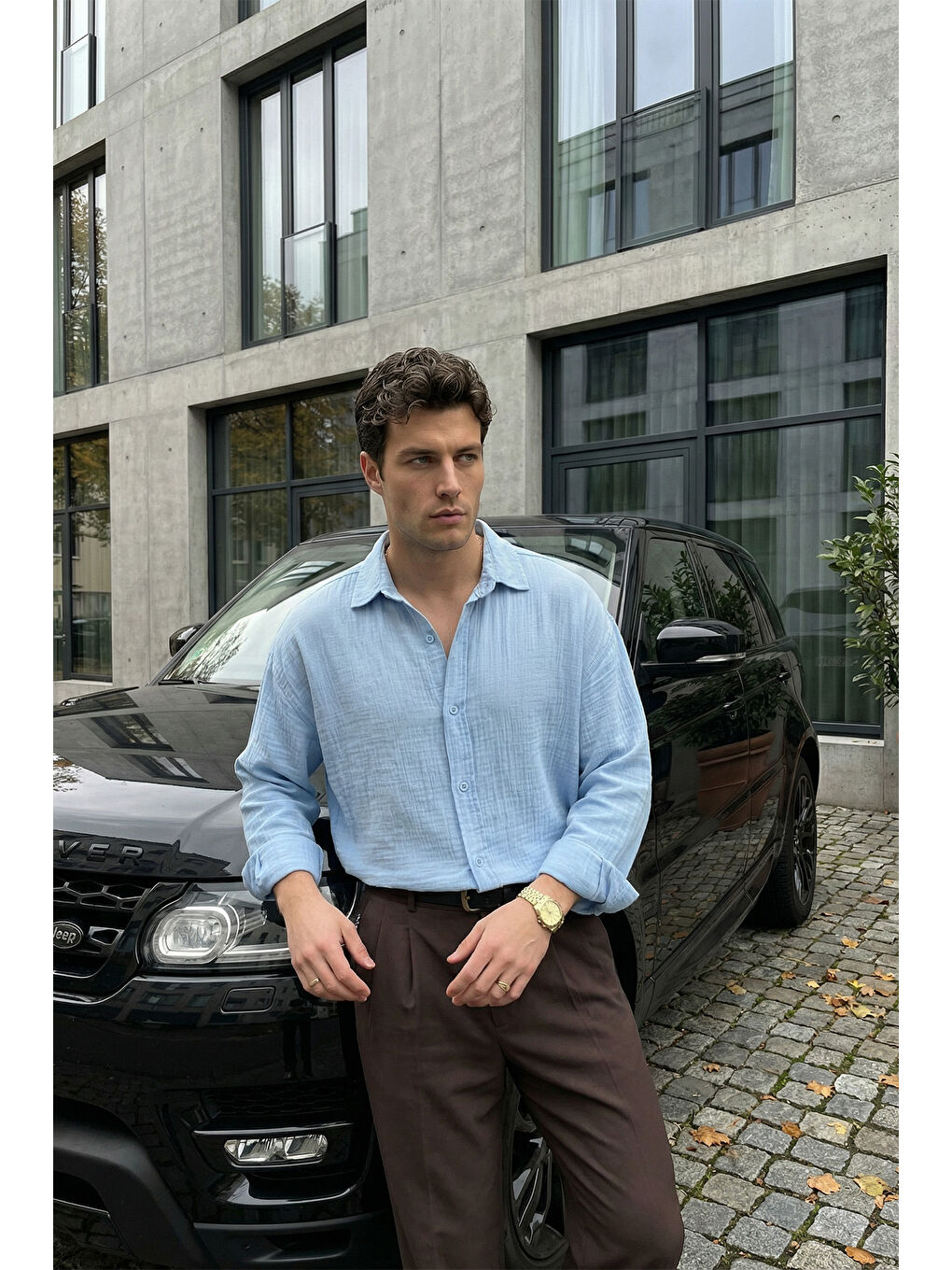 Mavi Yurin Erkek Premium Müslin %100 Pamuk Oversize Uzun Kollu Gömlek