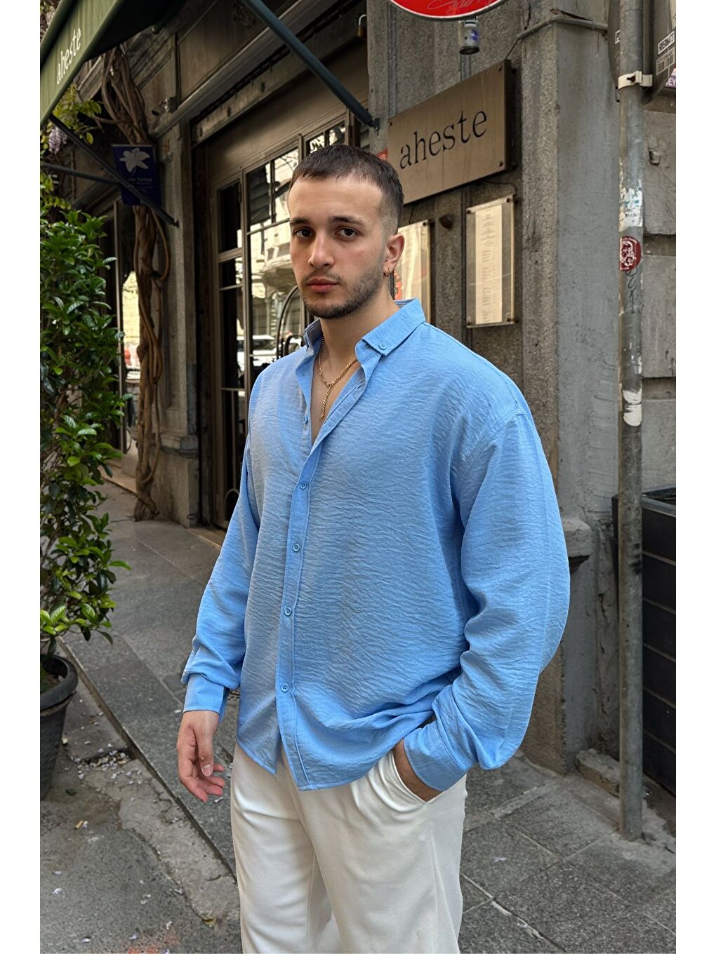 Mavi Napas Erkek Oversize Keten Görünümlü Gömlek-6