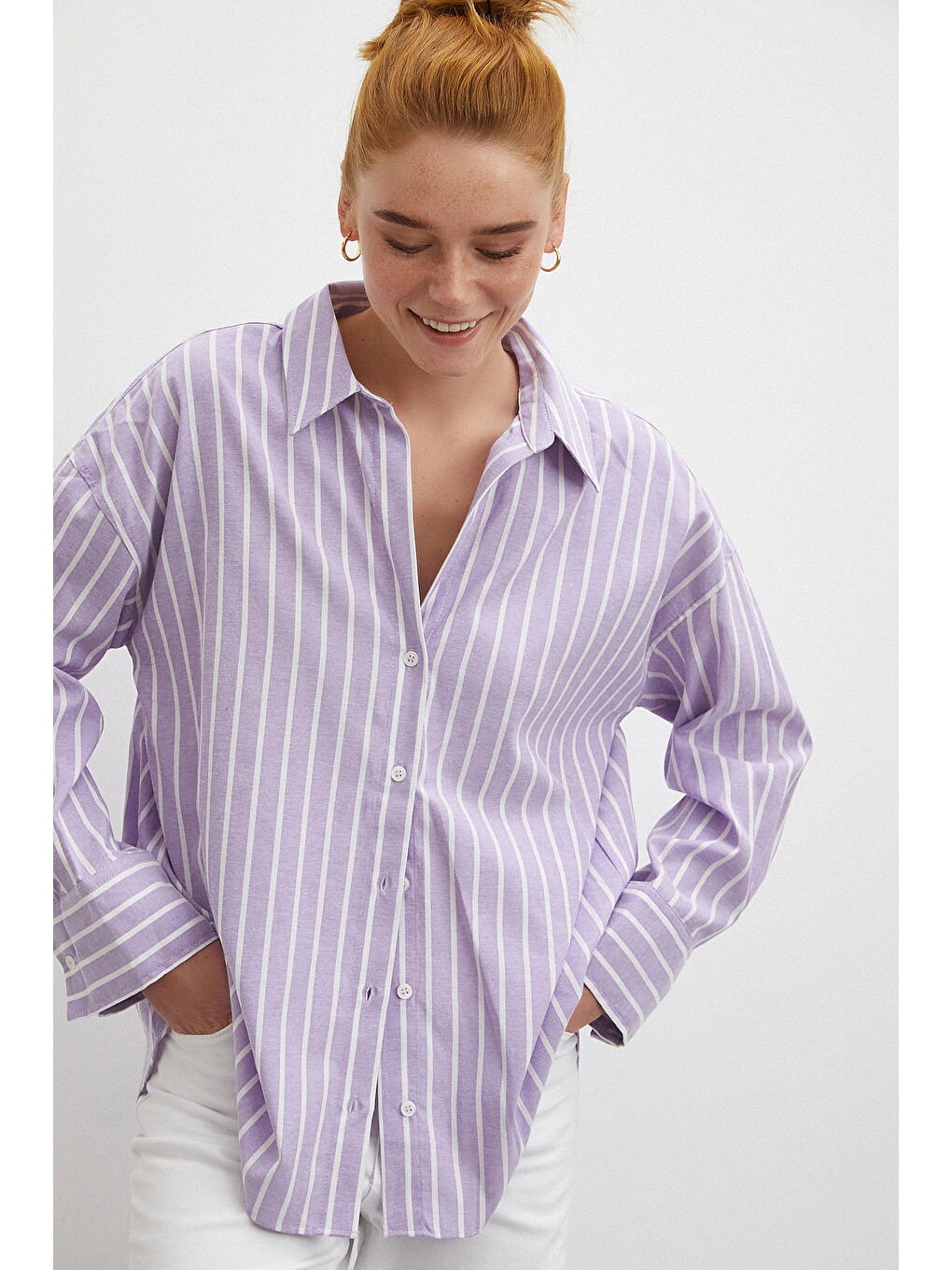 Uzun Kollu Çizgili Gömlek Lila