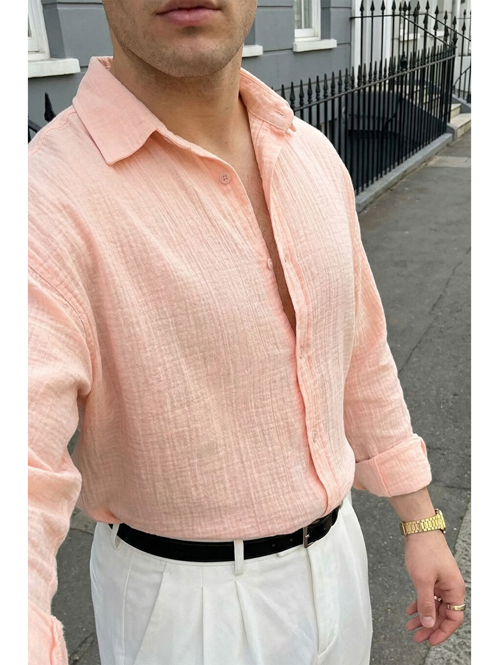 Pembe Yurin Erkek Premium Müslin %100 Pamuk Oversize Uzun Kollu Gömlek-6