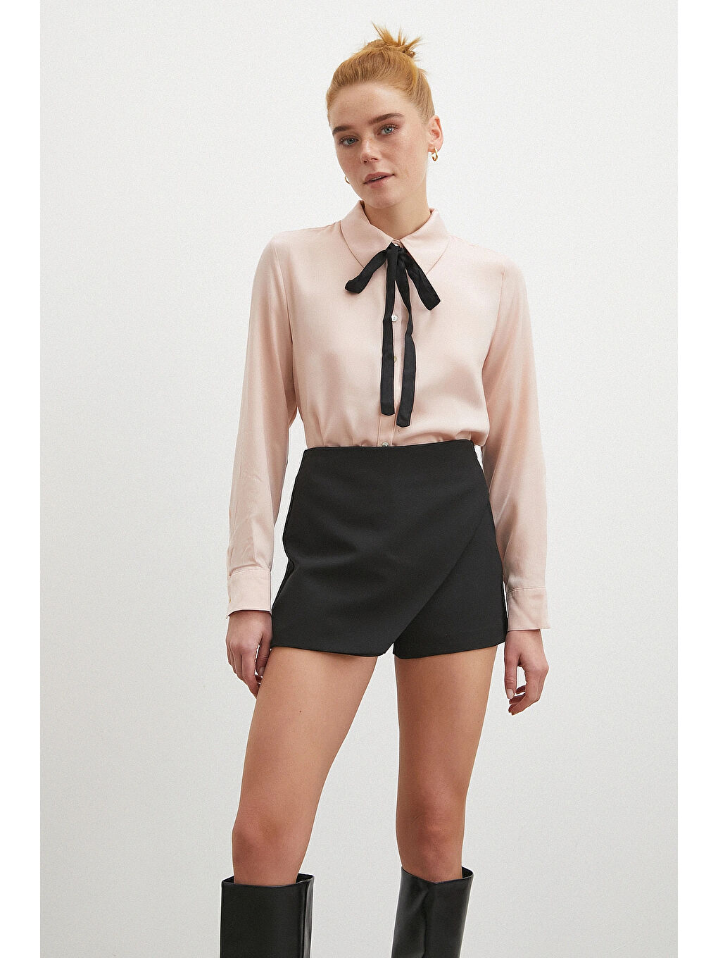 Yaka Bağlamalı Saten Gömlek Pembe-5