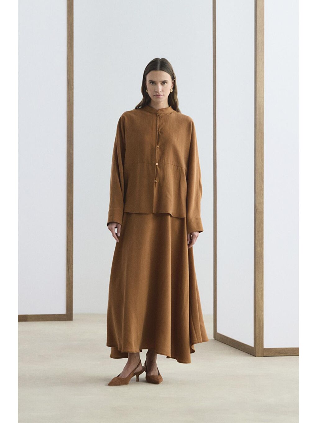 Kahverengi Hakim Yaka Gömlek Etek Takım Kiremit-1