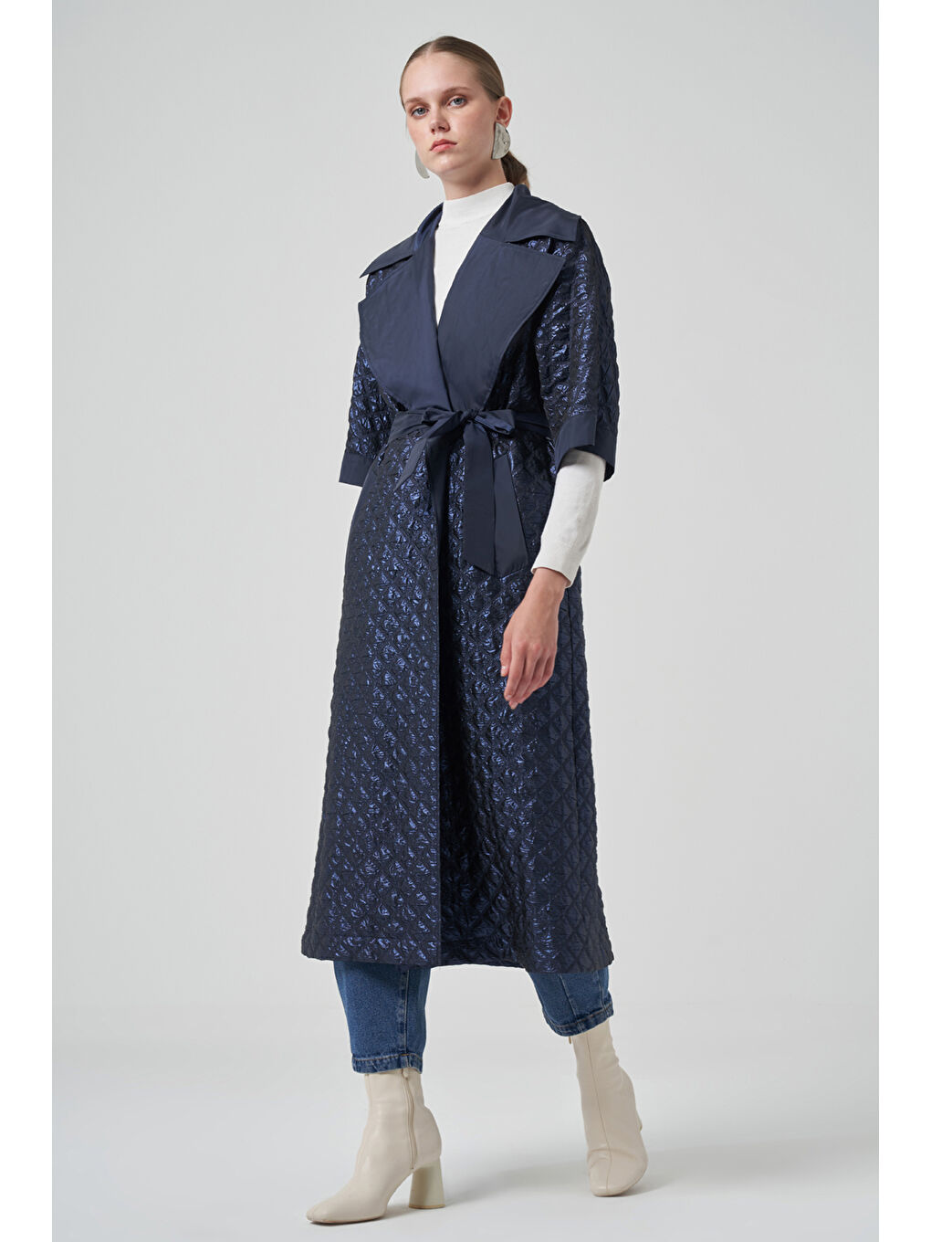 Kemer ve Örme Kol Detay Kap Ceket 6014 Lacivert-4