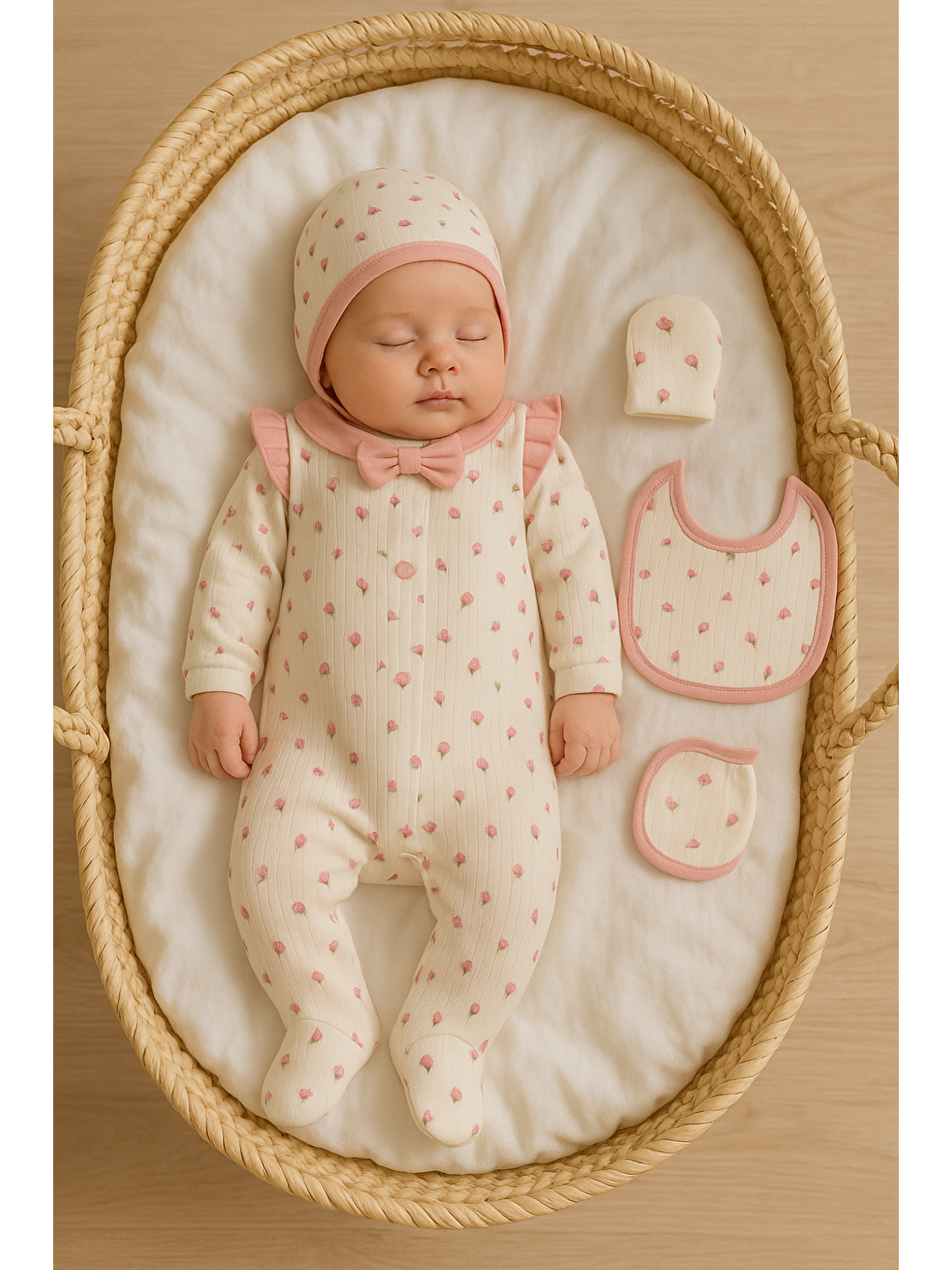 Bej Kız Bebek Battaniyeli 5li Hastane Çıkış Seti Tulum 90*90 Tek kat Battaniye Pamuk Lüx-2