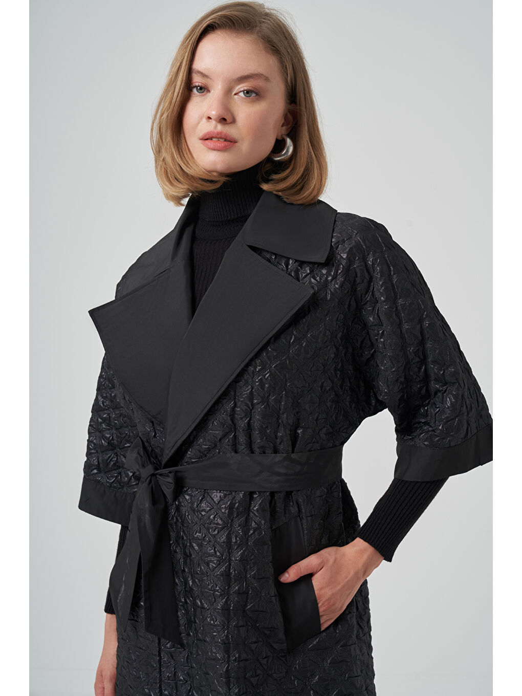 Kemer ve Örme Kol Detay Kap Ceket 6014 Siyah-1