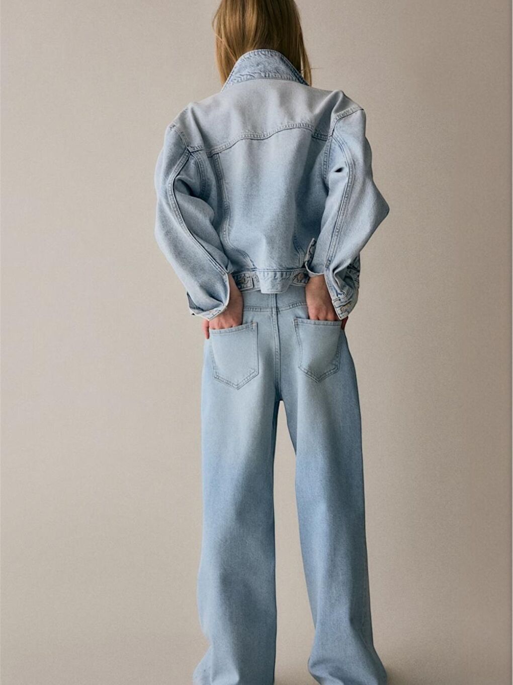 Kız Çocuk Mavi Renk %100 Pamuk Ayarlanabilir Bel Rahat Kesim Wide Leg Denim Pantolon 6-15 Yaş-2