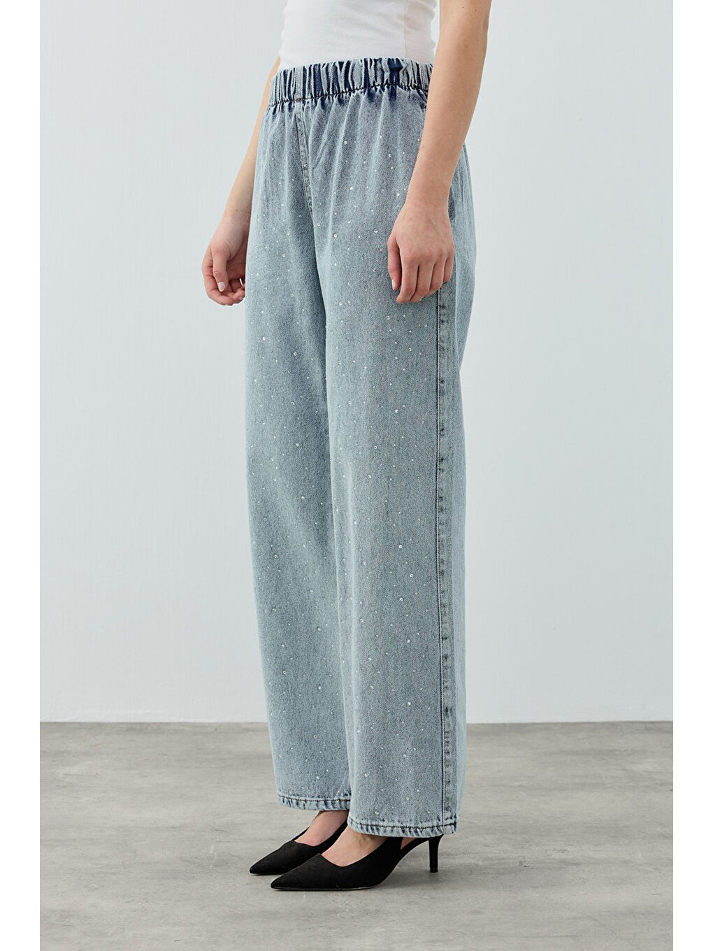 Taşlı Palazzo Denim Pantolon 1693 Koyu Mavi-1