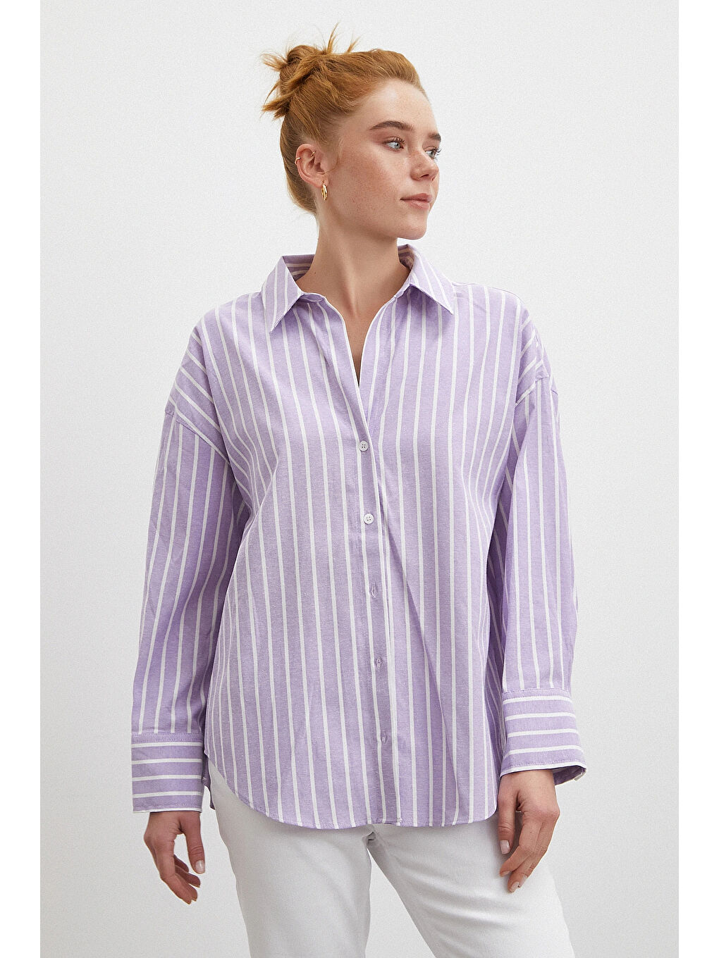 Uzun Kollu Çizgili Gömlek Lila-2