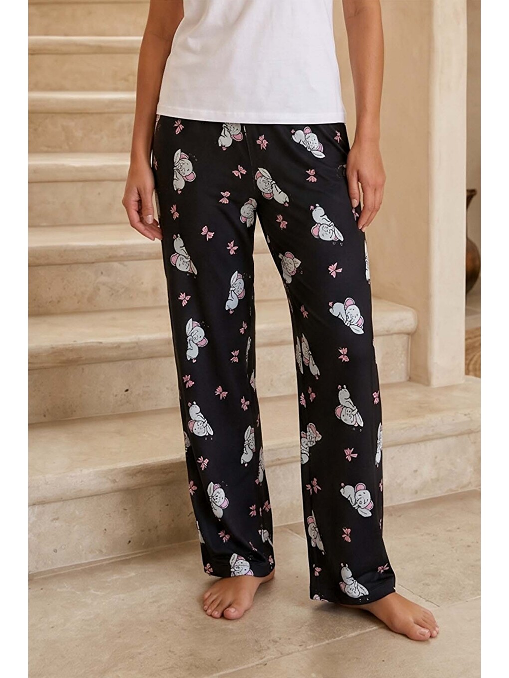 Kadın Viskon Kumaş Desenli Penye Tek Pijama Alt 41 Siyah05-1