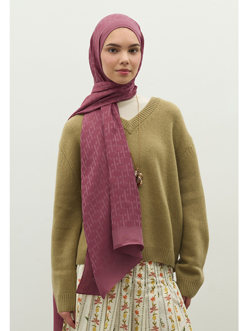 Pembe MONOGRAM PAMUK FLOŞ JAKARLI ŞAL VINTAGE ROSE