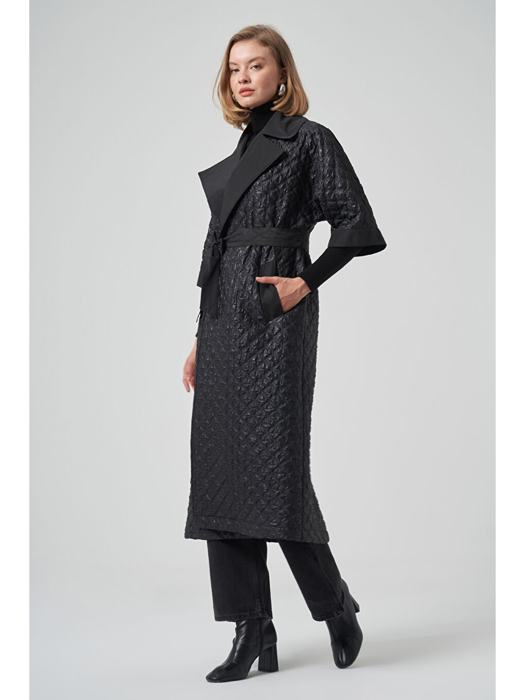 Kemer ve Örme Kol Detay Kap Ceket 6014 Siyah-2