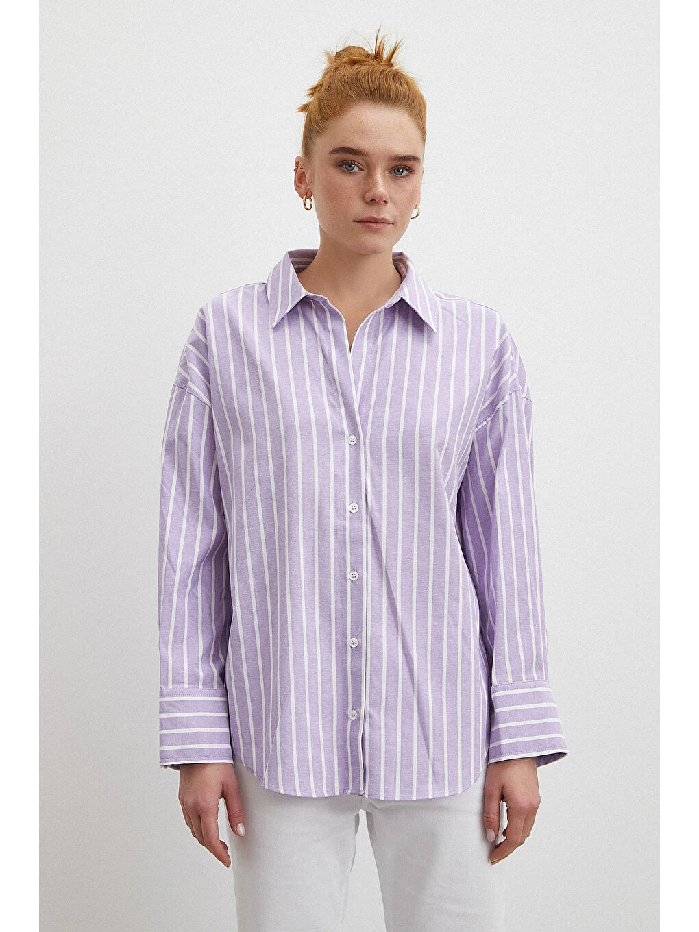 Uzun Kollu Çizgili Gömlek Lila-3