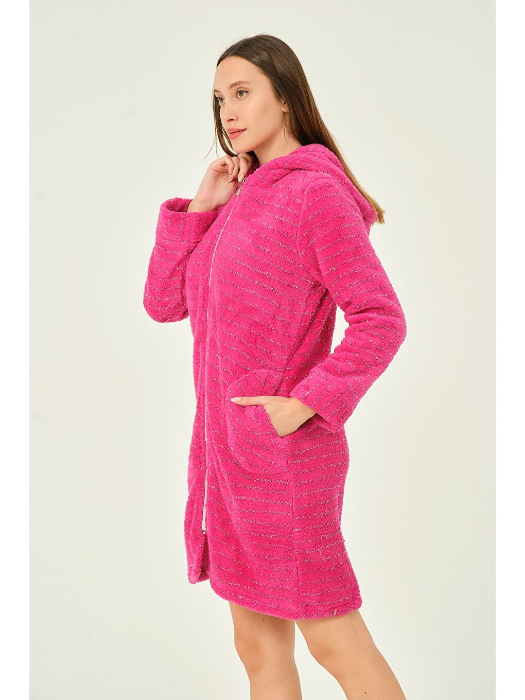 Fuşya Kadın Kapüşonlu Simli Ultrasoft Fermuarlı Cepli Elbise-2