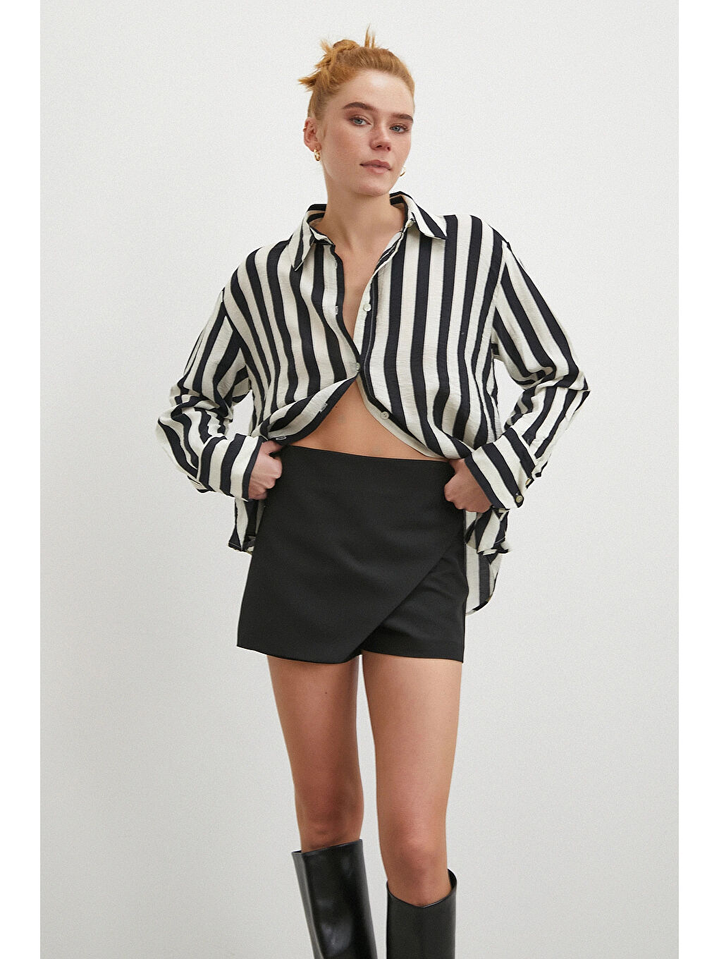 Çizgili Uzun Kollu Gömlek Siyah