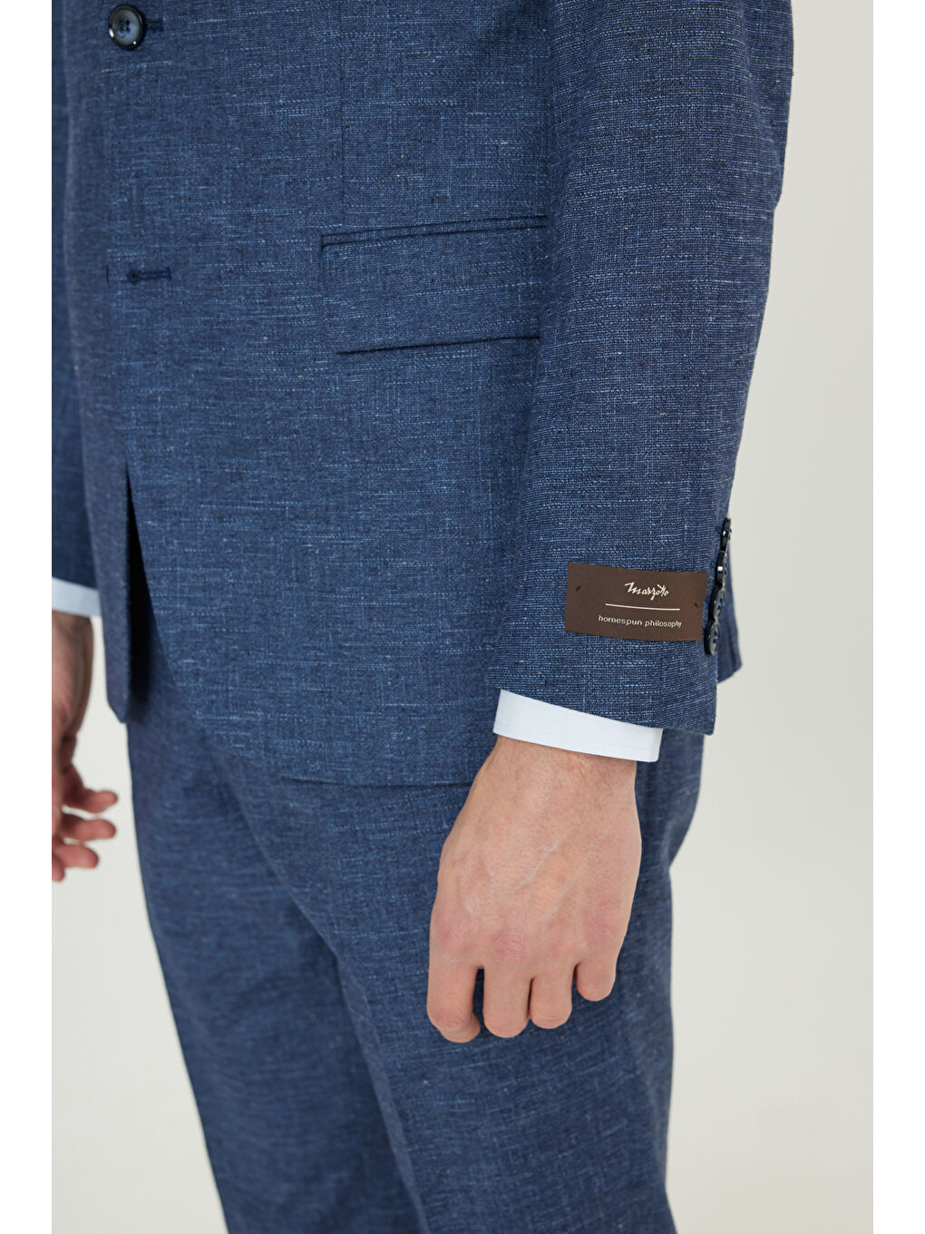 Erkek İndigo Yünlü Slim Fit Mono Yaka Kapak Cepli Takım Elbise-6