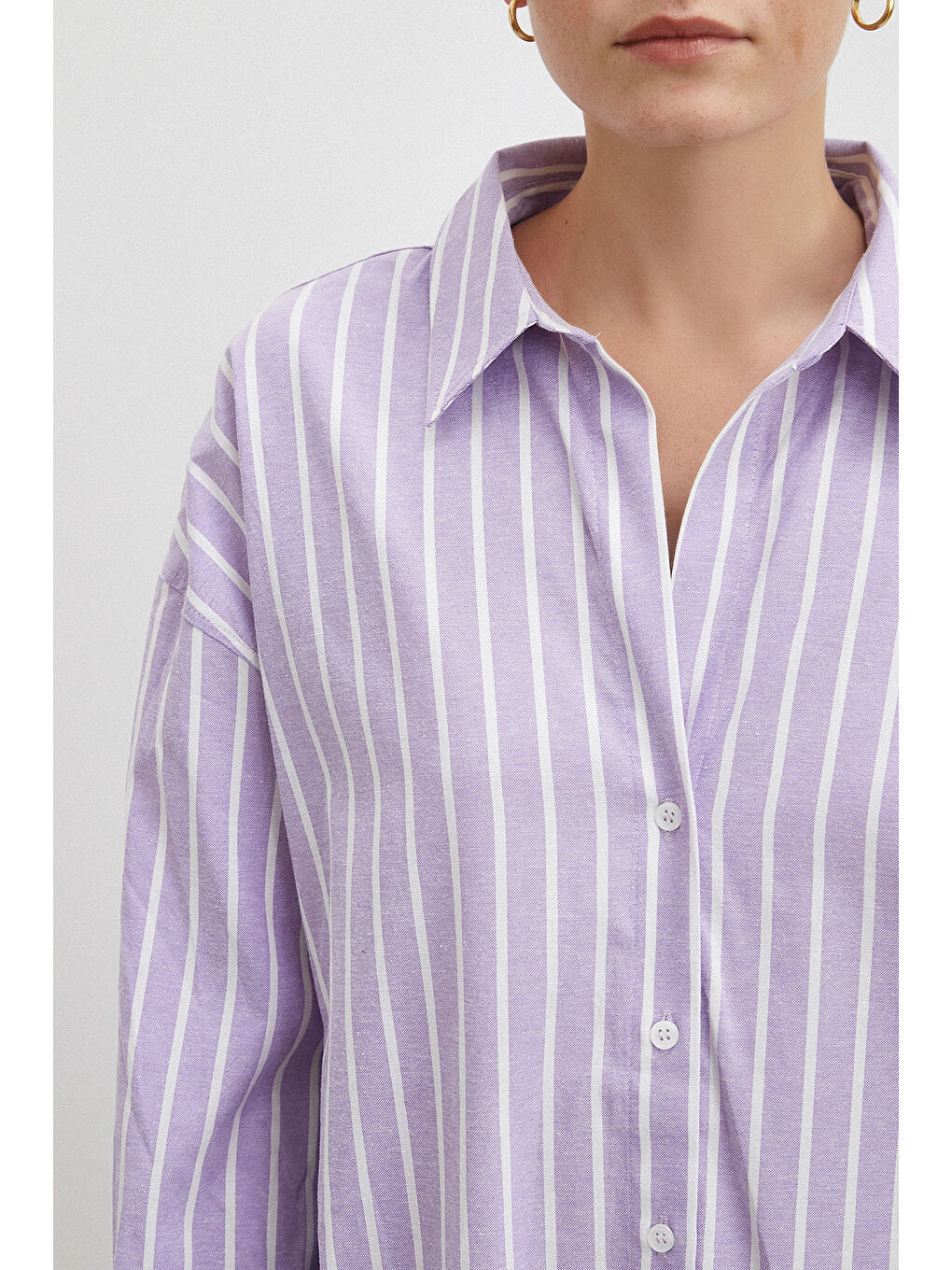 Uzun Kollu Çizgili Gömlek Lila-4