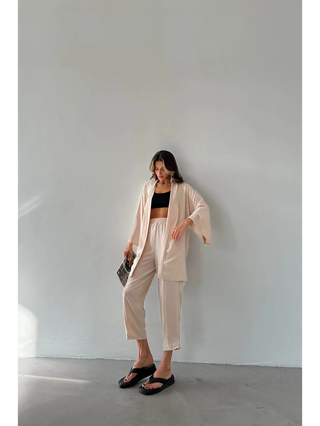 Bej Kadın Taş Kimono Takım 1018-0075-1