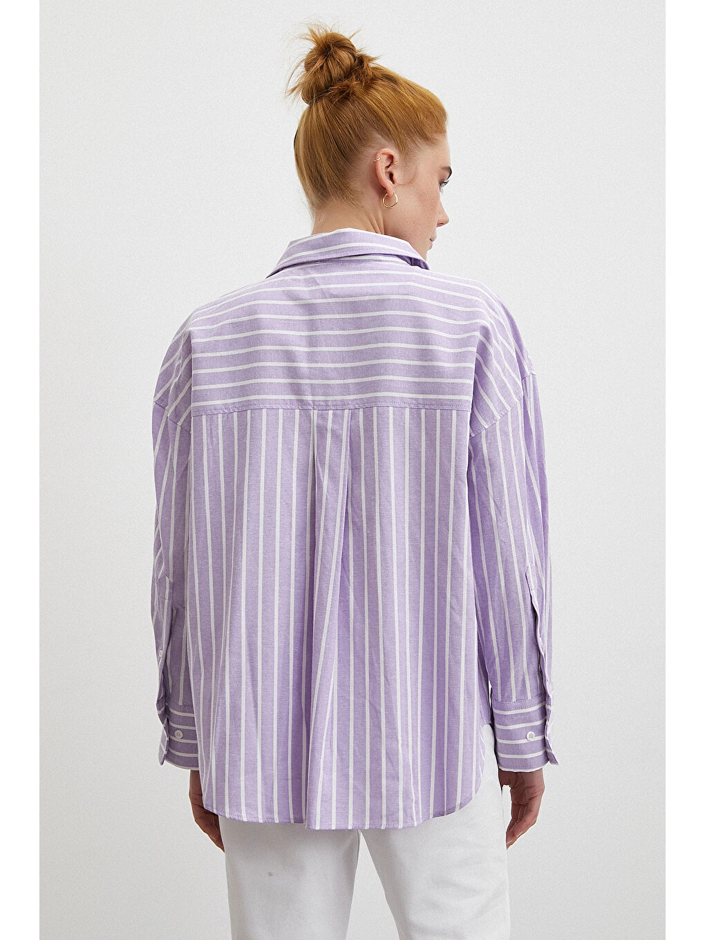 Uzun Kollu Çizgili Gömlek Lila-5