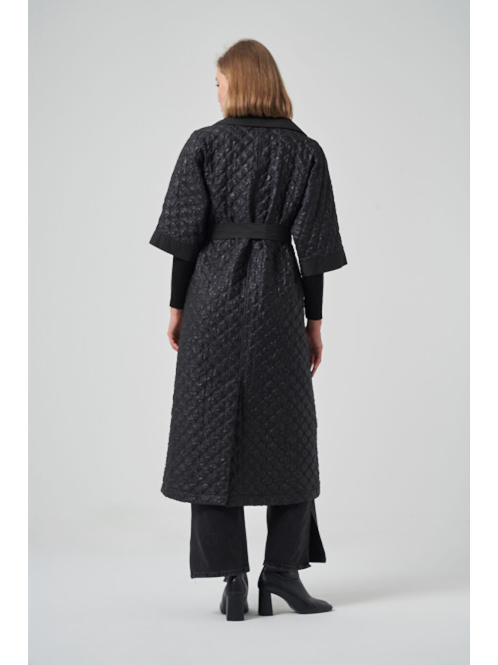Kemer ve Örme Kol Detay Kap Ceket 6014 Siyah-3