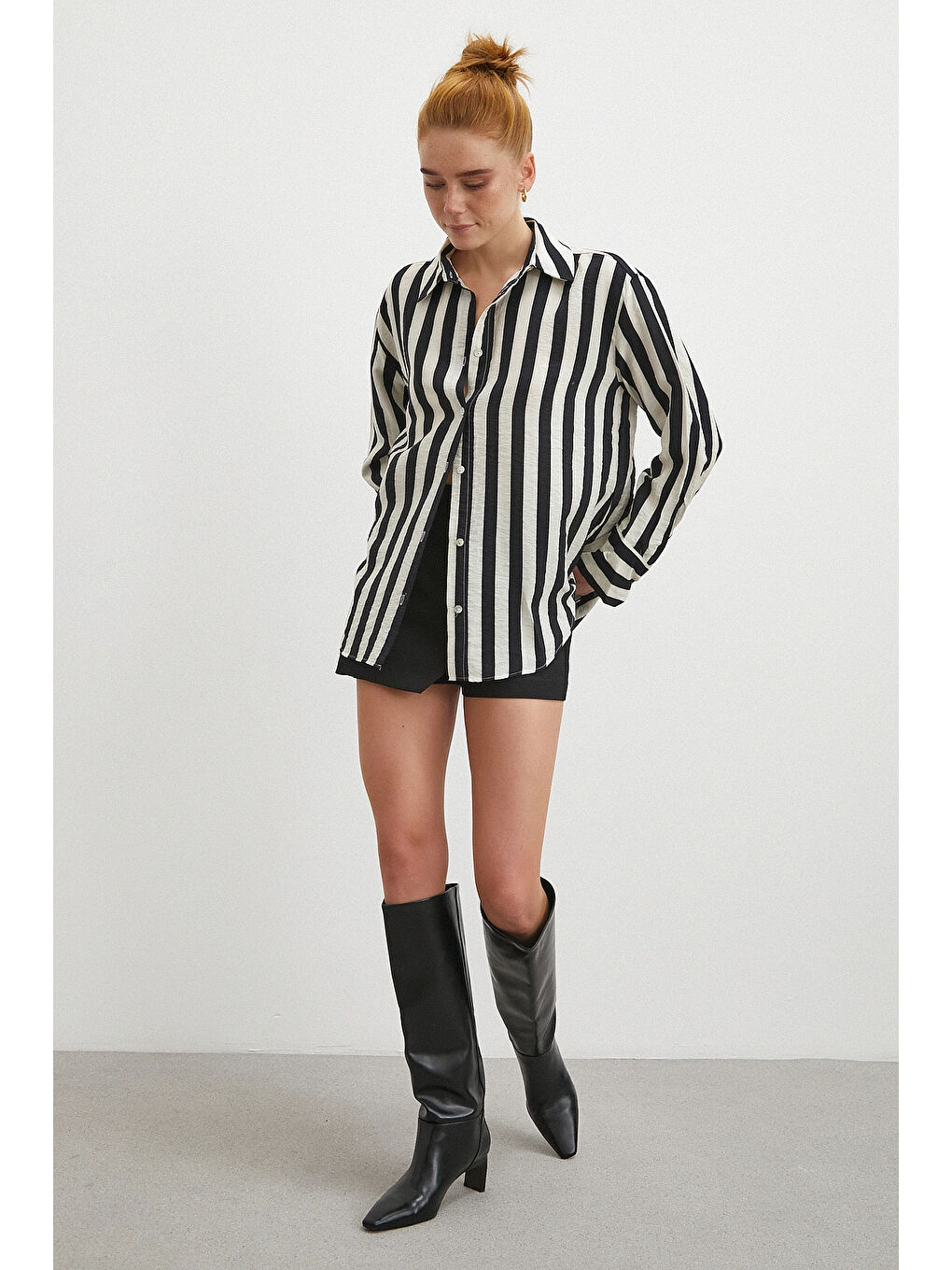 Çizgili Uzun Kollu Gömlek Siyah-2