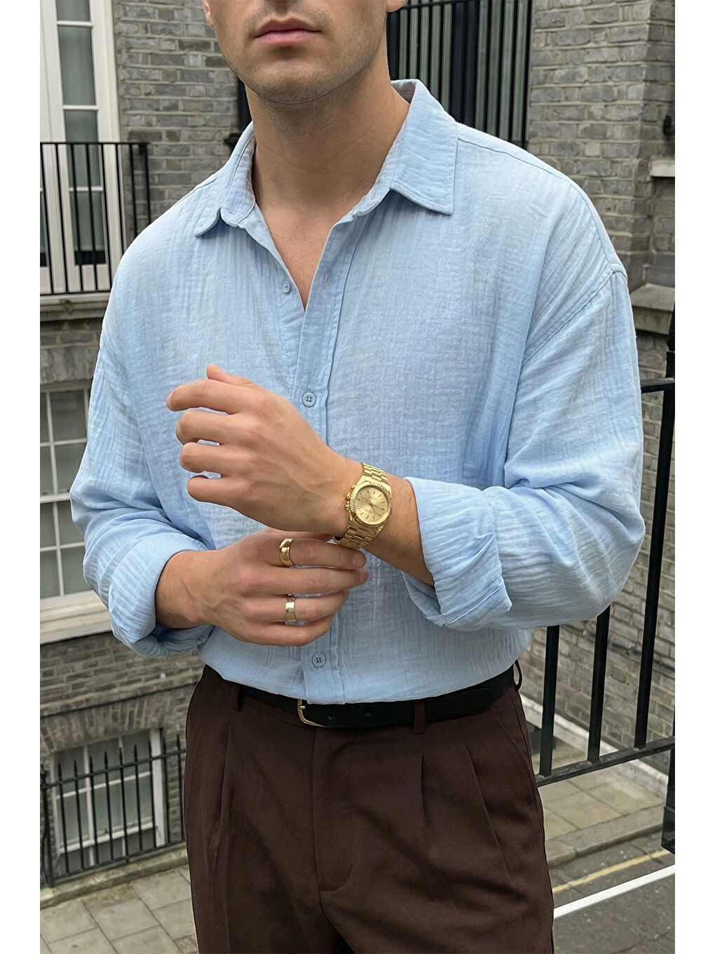 Mavi Yurin Erkek Premium Müslin %100 Pamuk Oversize Uzun Kollu Gömlek-1