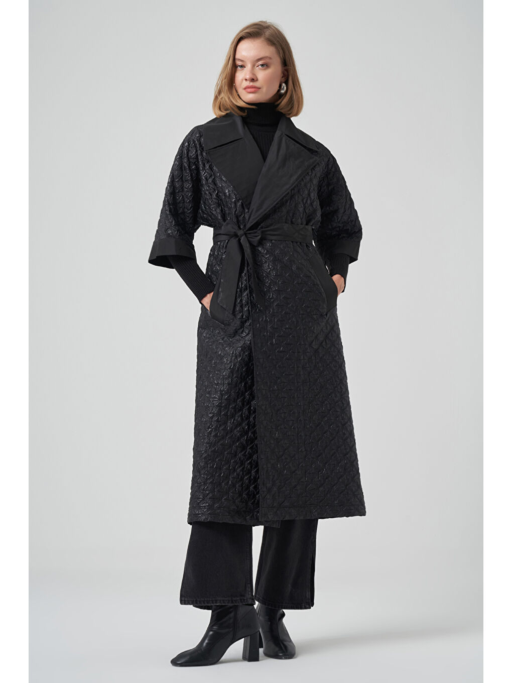 Kemer ve Örme Kol Detay Kap Ceket 6014 Siyah-4