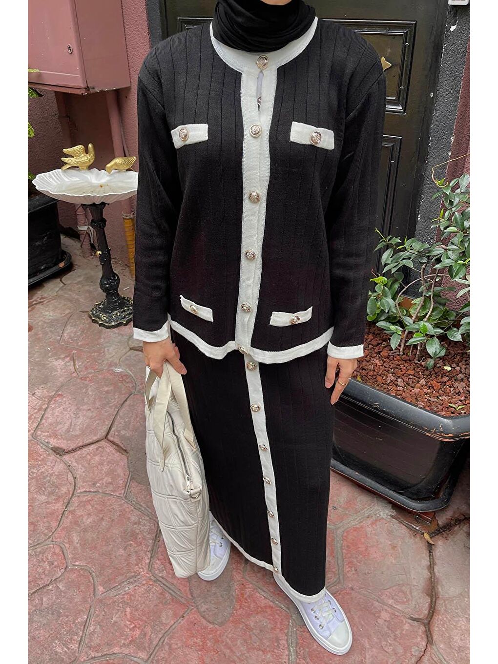 Cep Detaylı Düğme Detaylı Triko Takım Siyah-2